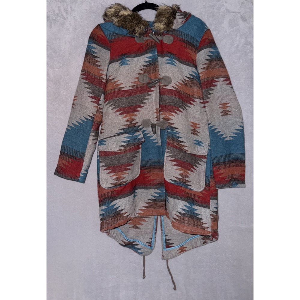 BB Dakota Coat Women's X-Small Blue/Teal Red Aztec Hooded Duffle Toggle